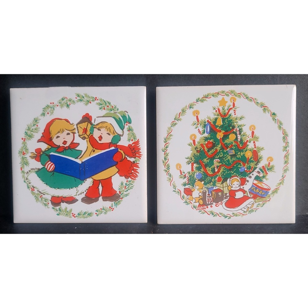 Christmas Tree and Carolers Ceramic Tile Trivets Set 2 Vintage JASCO 1982 - Picture 4 of 10